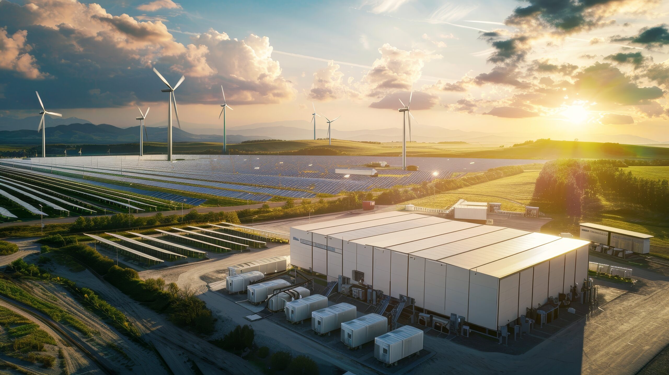 Aerial view of green energy storage facility, surrounded by wind farms and solar fields, integration of renewable sources